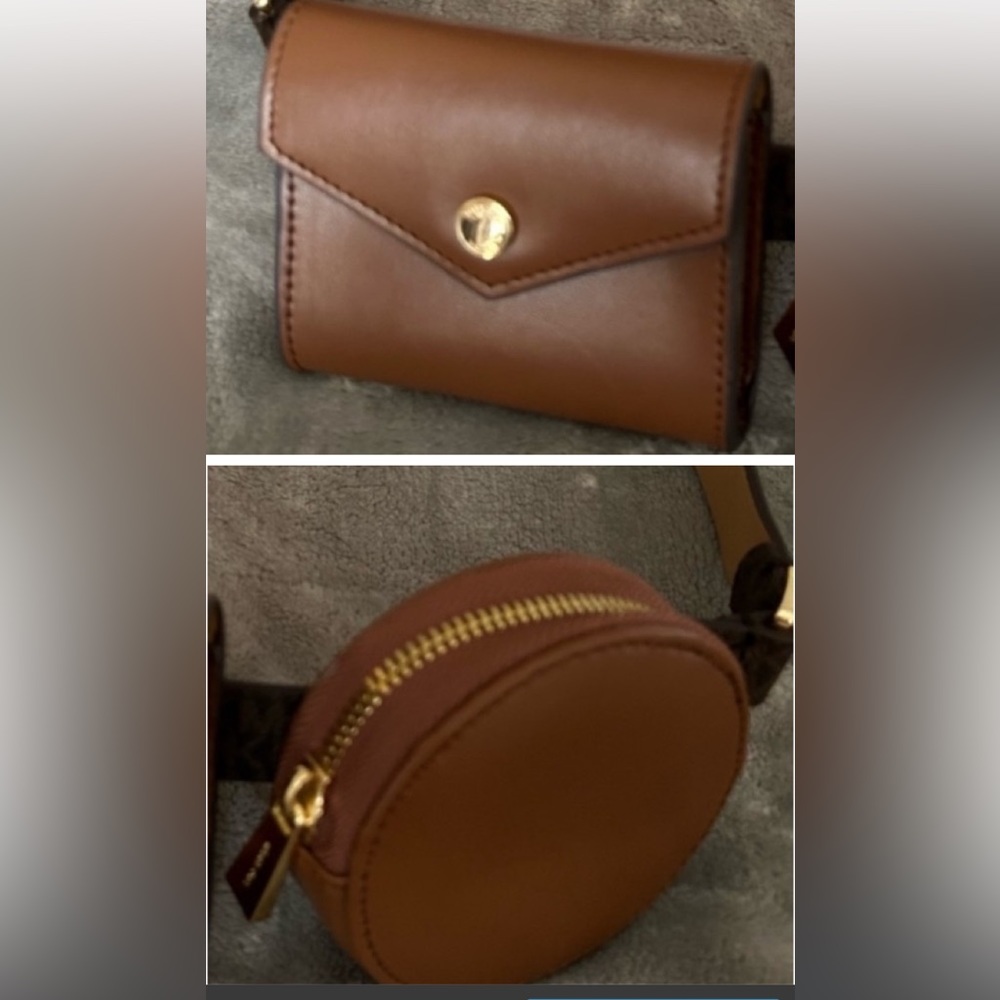 NWT Michael Kors Womens Brown Leather Double Pounch bag on belt. - Picture 2 of 10